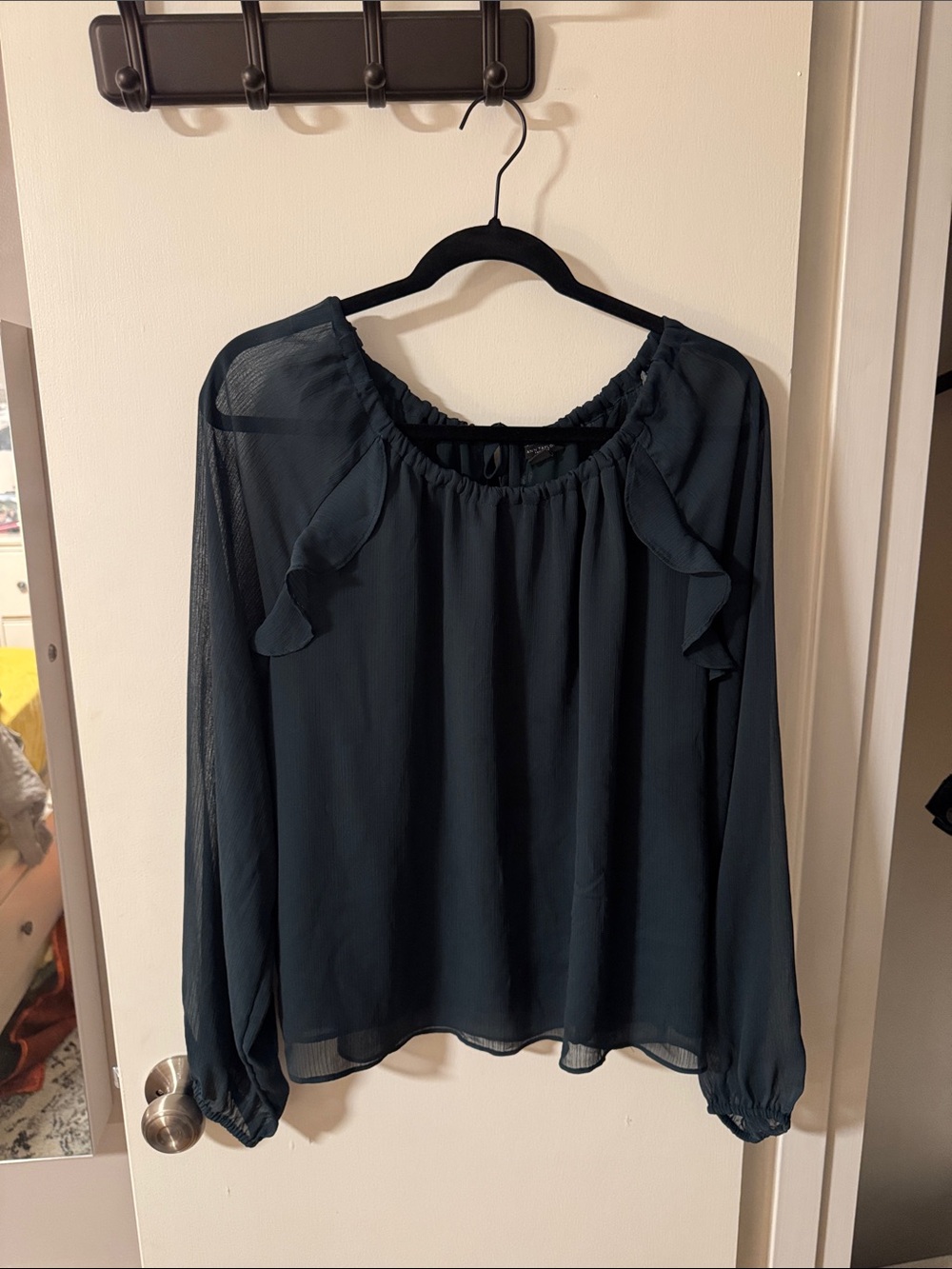Ann Taylor Teal Ruffle-Trim Long Sleeve Blouse